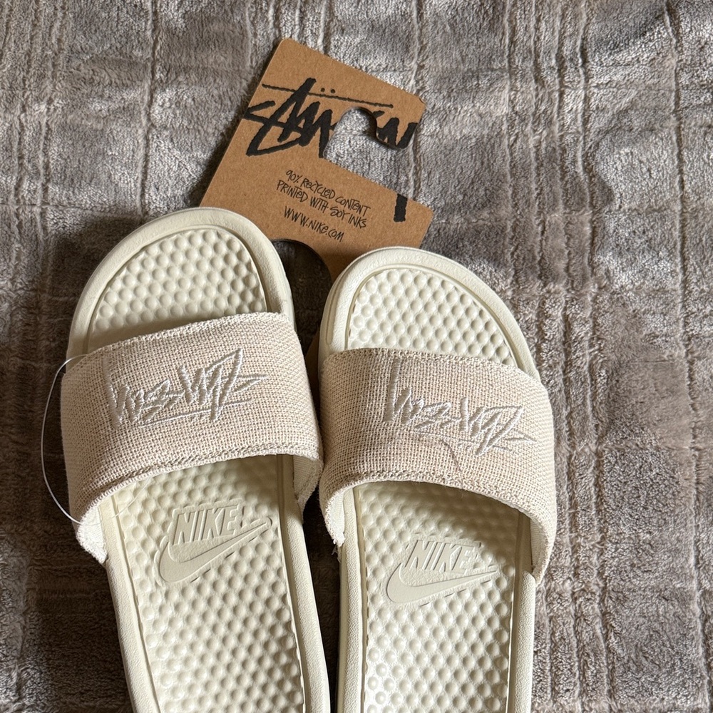 Nike Cream Slide Sandals with Embroidered Strap